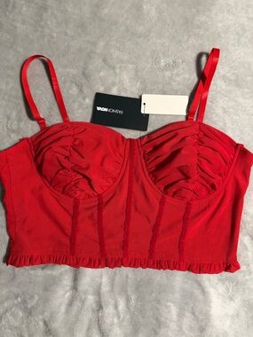 Fashion Nova Red Ruched Bustier Crop Top with Ruffle Hem